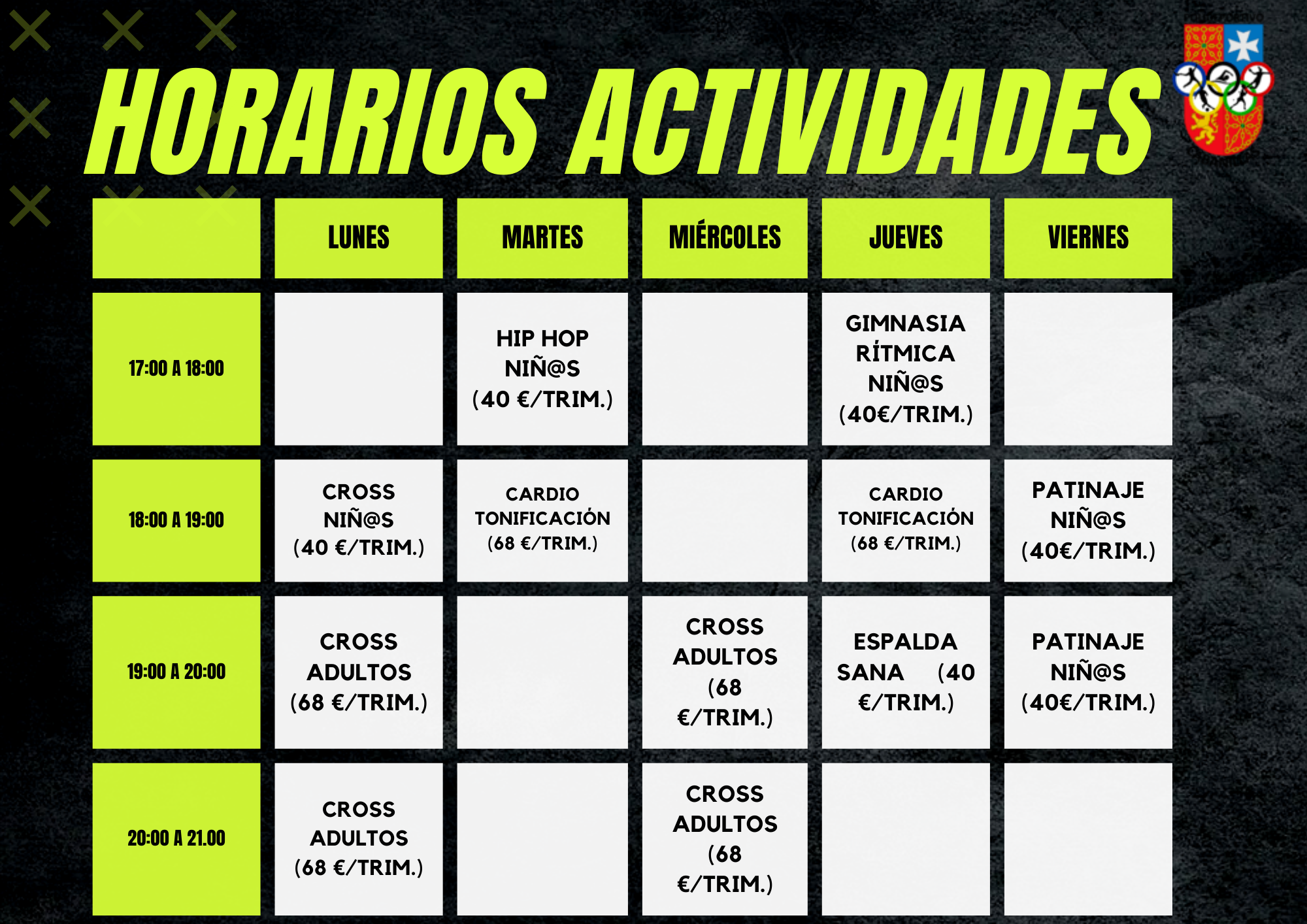 Horarios actividades.
